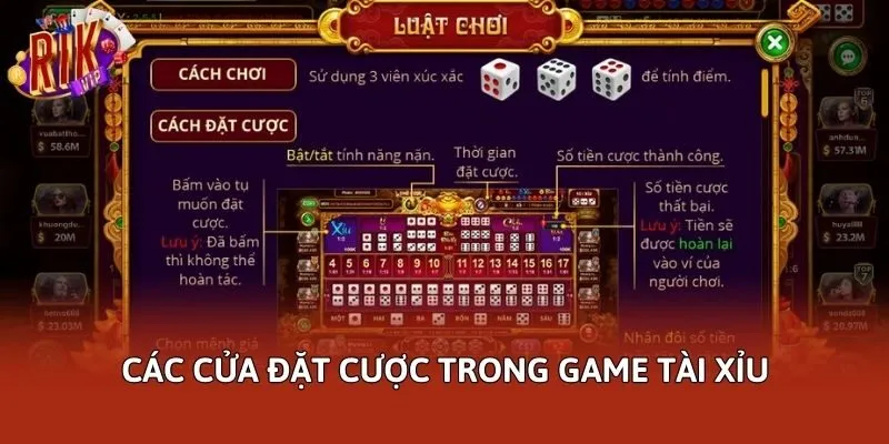 Các cửa đặt cược trong game tài xỉu